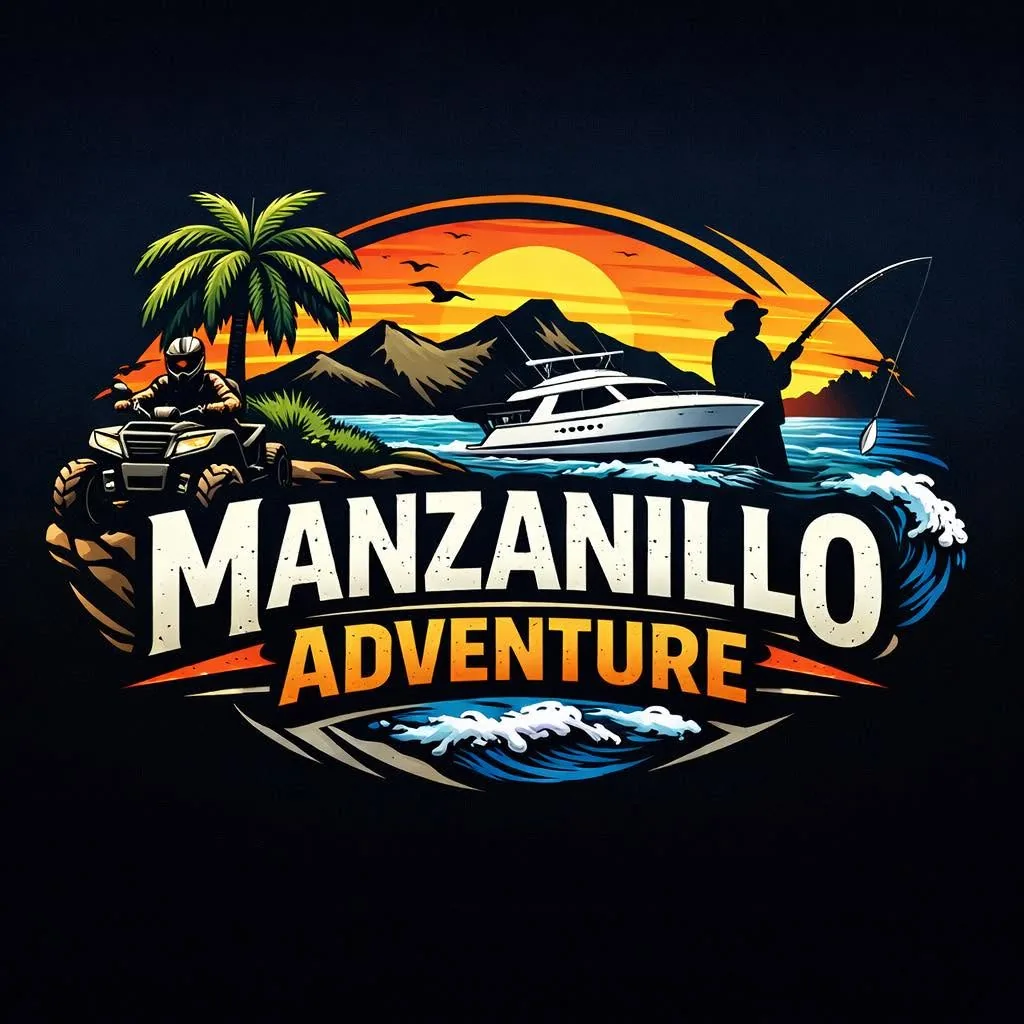 Logotipo de Manzanillo Adventure con yate, pesca y paisaje de Manzanillo